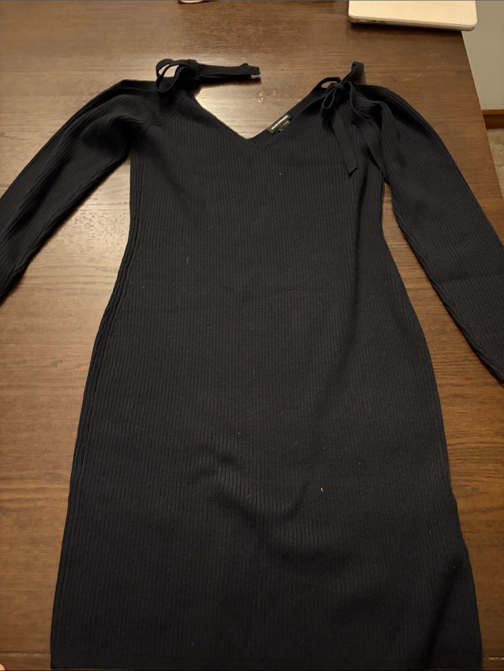 Club Monaco Black Ribbed Tie-Shoulder Long Sleeve Dress